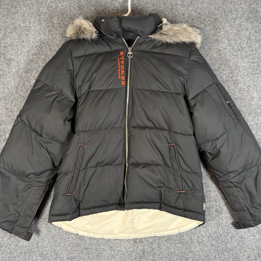 Reebok NFL Cincinnati Bengals Puffer Jacket Mens M Black Faux Fur Hood Tiger Vtg